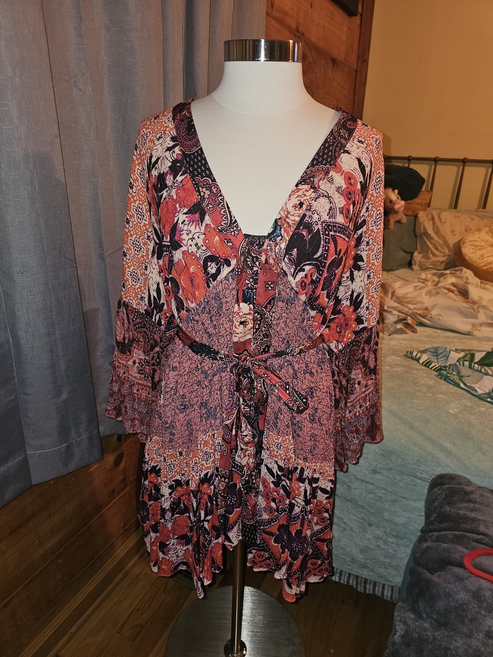 Free People Floral V-Neck Tie Waist Boho Dress - Pink & Black